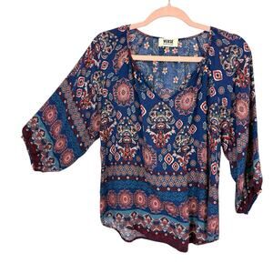 Verse Boho Top 3/4 Sleeve V-Neck Blue Paisley Rayon Pullover Women size Small